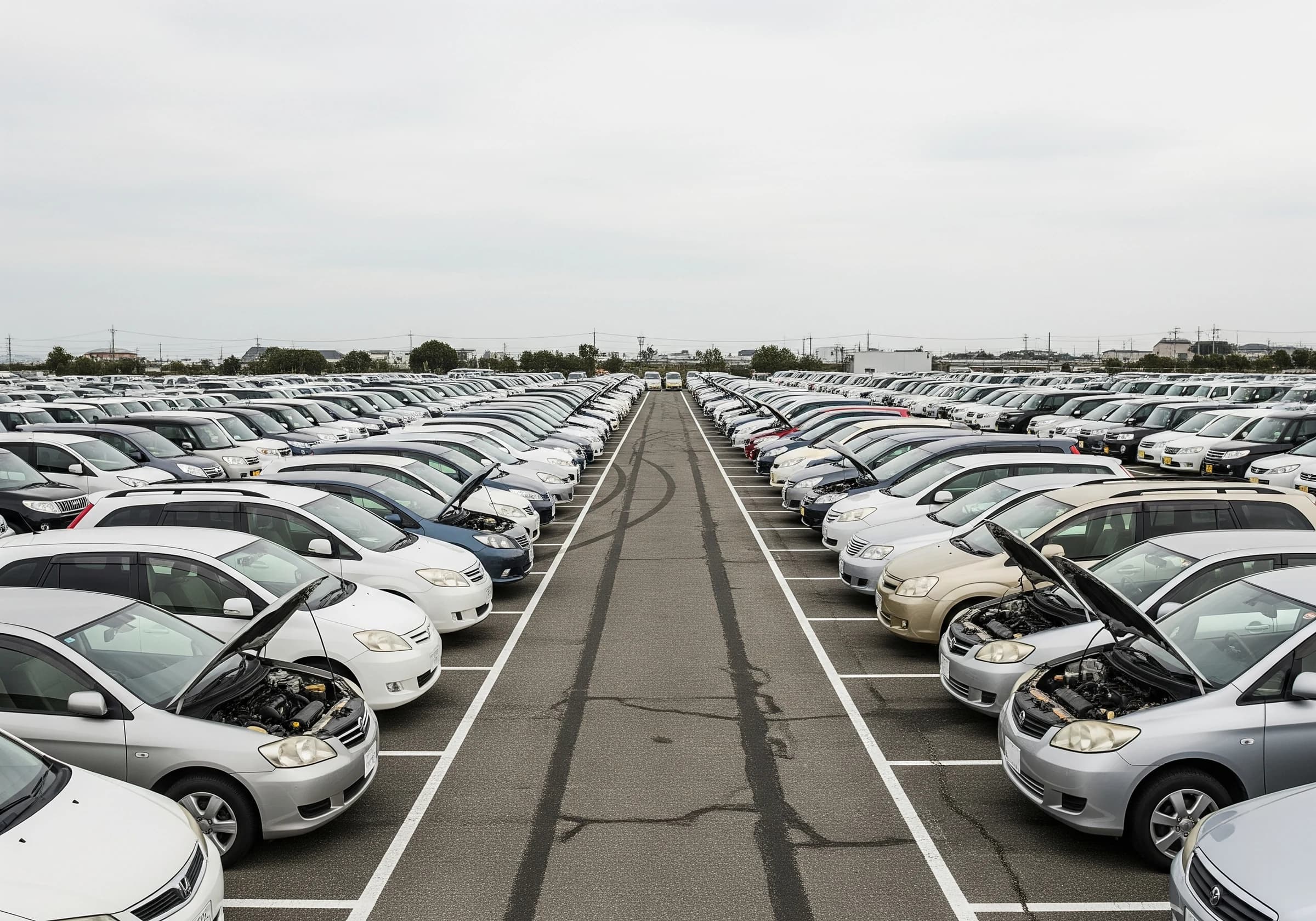 中古車オークション会場の車両列