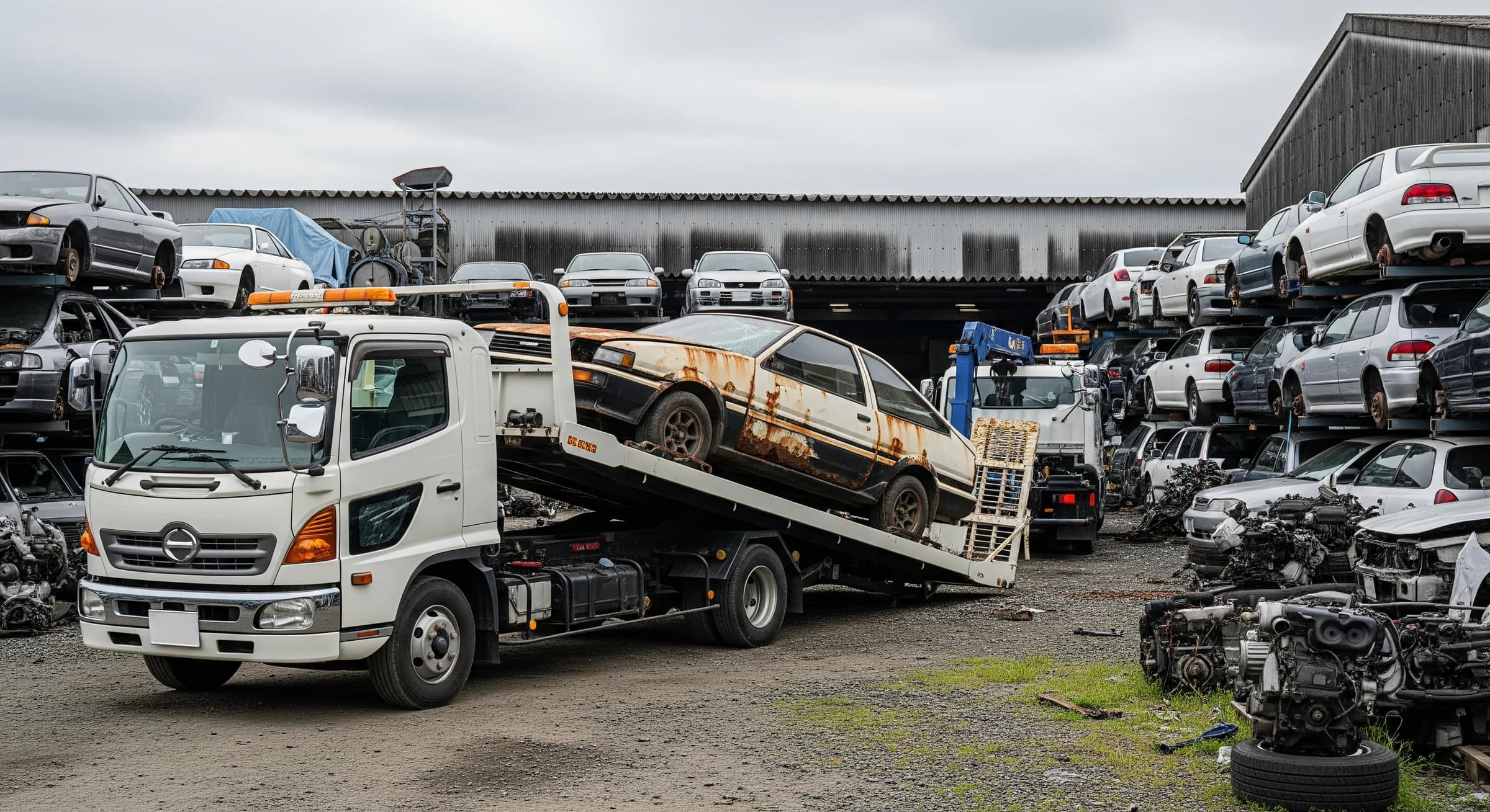積載車で廃車を引き取る様子
